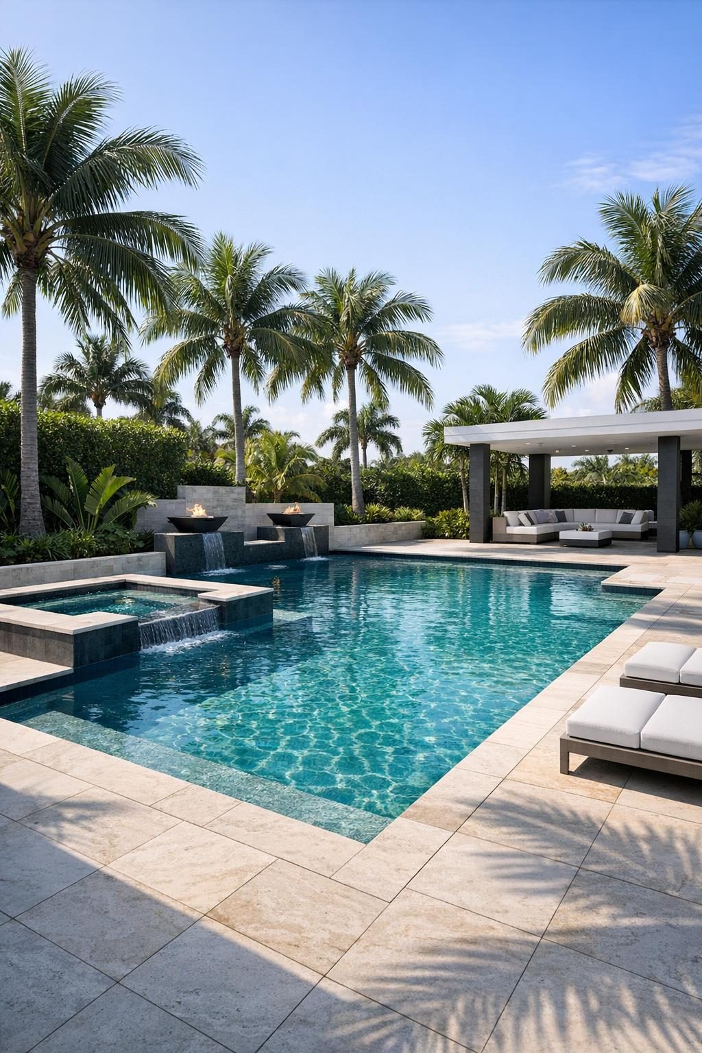 a completed pool with palm trees